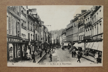 Postcard PC Elbeuf 1917 Rue de la Republique shops windows goods France 76 Seine Maritimes